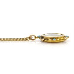 Early 20th century 9ct gold turquoise and seed pearl glazed locket pendant, on later 9ct gold link chain necklace