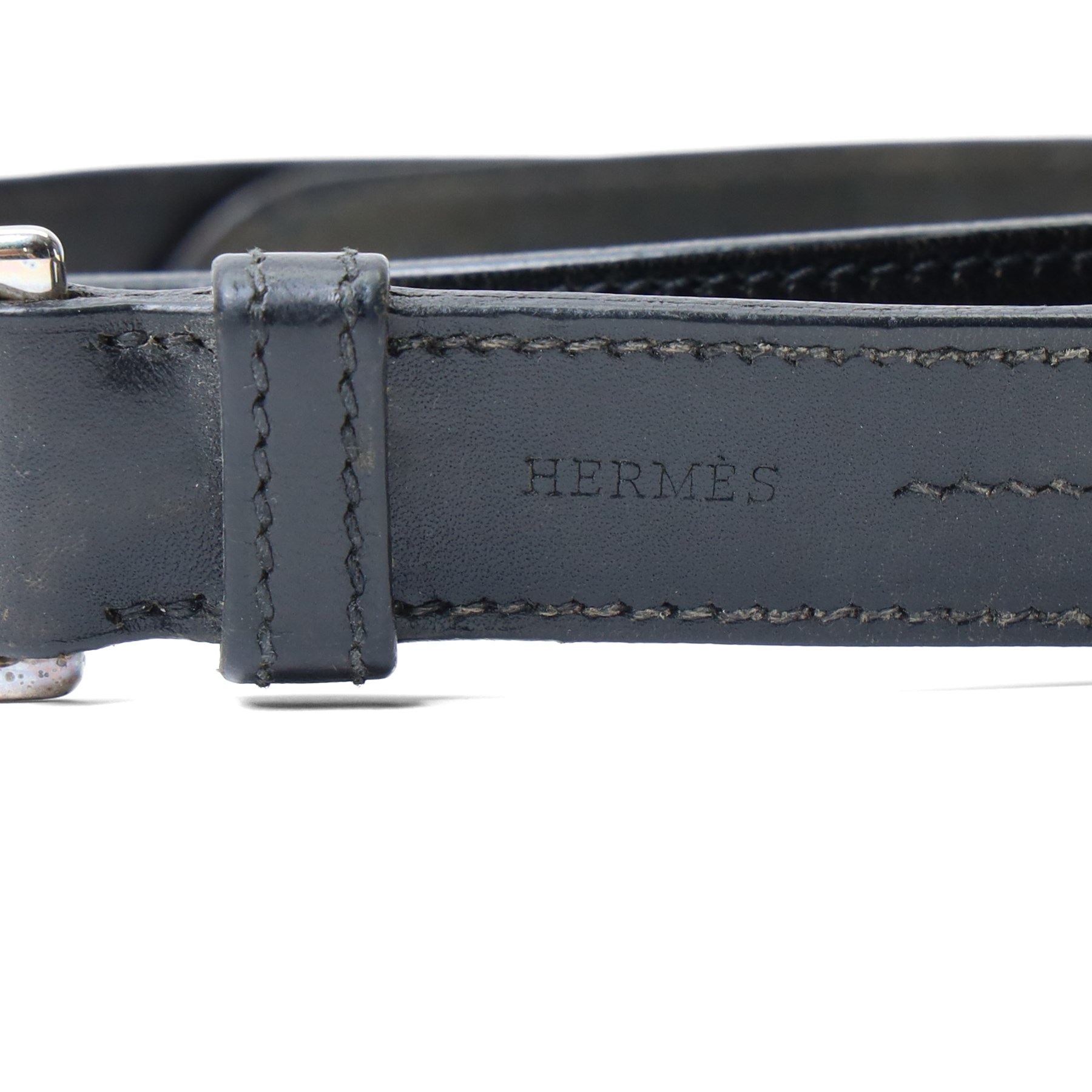 Hermès - vintage black leather belt, with silver-tone rectangular pin buckle and stitched edging, stamped HERMÈS; with additional Hermes reversible black and brown belt (no buckle), size 80
