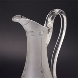 Victorian opaque glass ewer with clear cut decoration and clear glass handle H28cm and an etched glass claret jug with silver plated cover and handle H31cm
