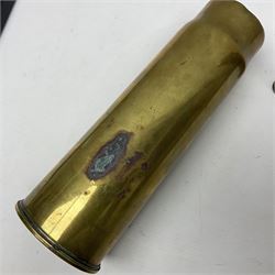 WWI trench art 13-pound anti-aircraft brass shell case engraved Alexandra Princess of Wales, Yorkshire Regiment, bears marks for Royal Ordnance Factory Woolwich 1917 H29cm; WWI British shell fuse dated June 1916; and WWII 20mm brass cannon shell dated 1941 (3)