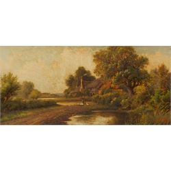 R Jenson (British late 19th/early 20th Century): Woman Feeding Ducks by a Countryside Lake...