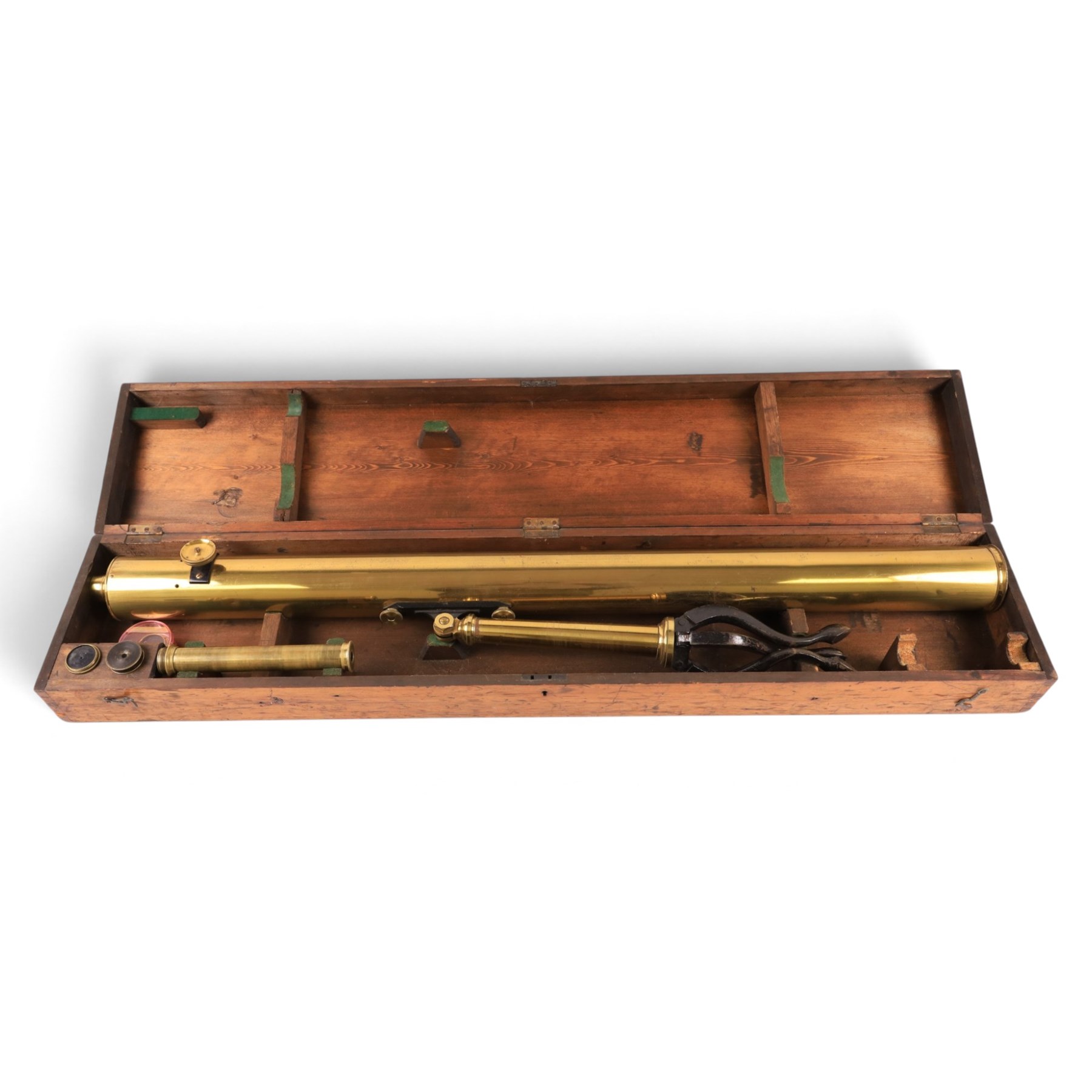 19th century lacquered brass refracting telescope by Bateman & Branches, 104 Strand London, upon a folding tripod with four eyepieces and within a wooden case, telescope L