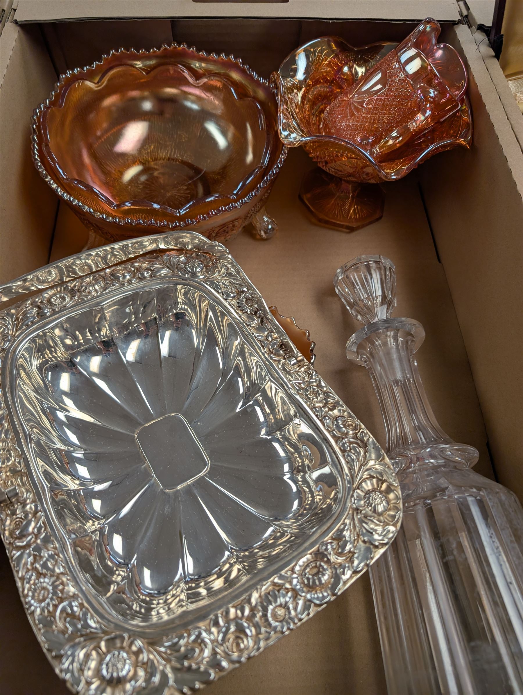 Collection of silver plated items and glassware, including cased cutlery, carnival glass, decanters, teapot, trays, etc