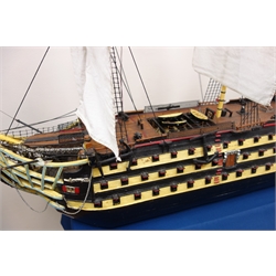  Large scale model of Nelson's Flagship HMS Victory, three masted, with sails up, painted decoration, L160cm, W28cm, H113cm   