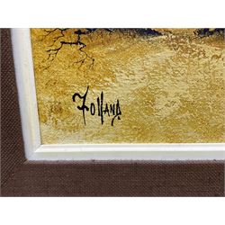 Ron Folland (British 1932-1999): Autumn River, oil on canvas signed, titled on label verso 40cm x 75cm