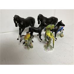 Four Beswick black matte horse figures, together with three bird figures, including Parakeet and Budgerigar by Royal Adderley