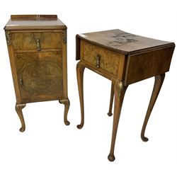 Early 20th century figured walnut bedside cabinet, fitted with single drawer over cupboard, on cabriole supports (W37cm D38cm H79cm); with matching side table, rectangular drop-leaf top over single drawer, on cabriole supports with scallop decoration (W46cm H72cm) (2)