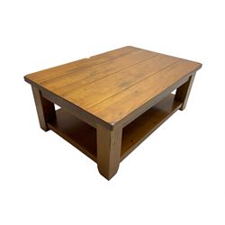 Rustic pine coffee table, rectangular plank top over undertier (120cm x 80cm x 46cm); and matching nest of two tables (60cm x 50cm x 64cm)