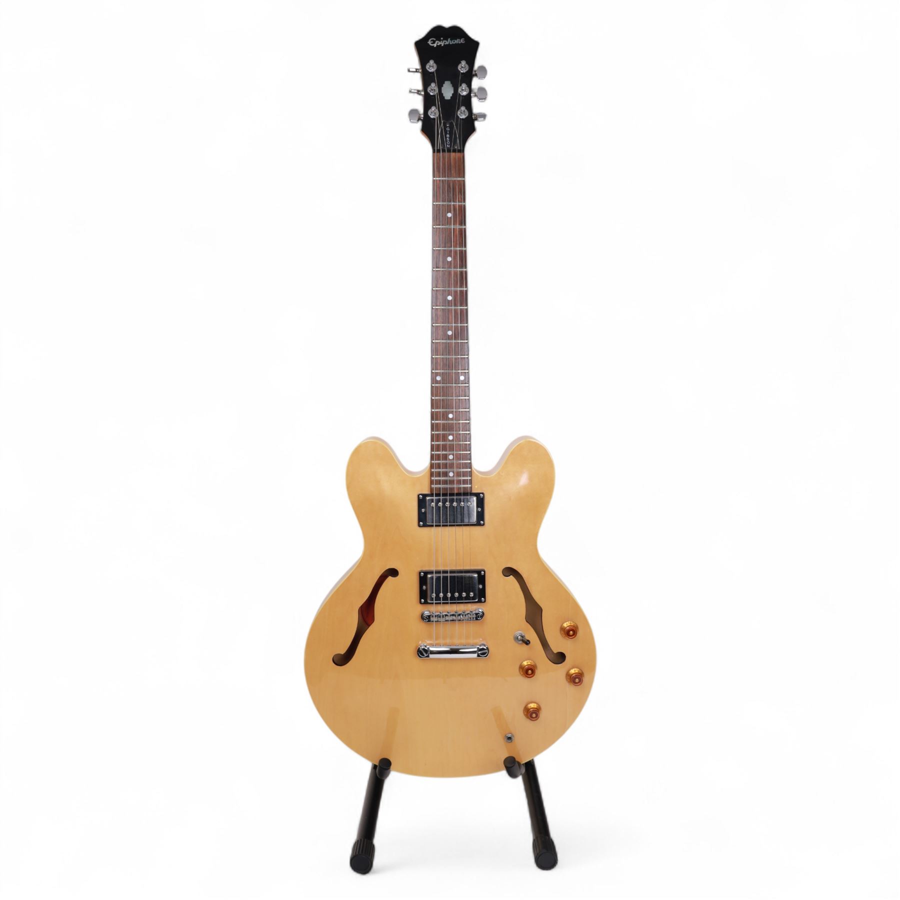 Epiphone DOT by Gibson semi-hollow electric guitar, serial no. S020510207 made in Korea circa 2002, laminated maple body in blonde finish, in Warwick Rockbag soft case, guitar L107cm