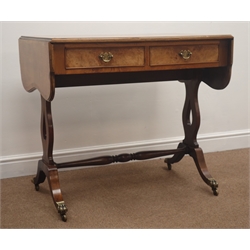  Edwardian walnut sofa table, two real and two false drawers, shaped supports joined by  stretcher, 135cm x 55cm, H77cm  