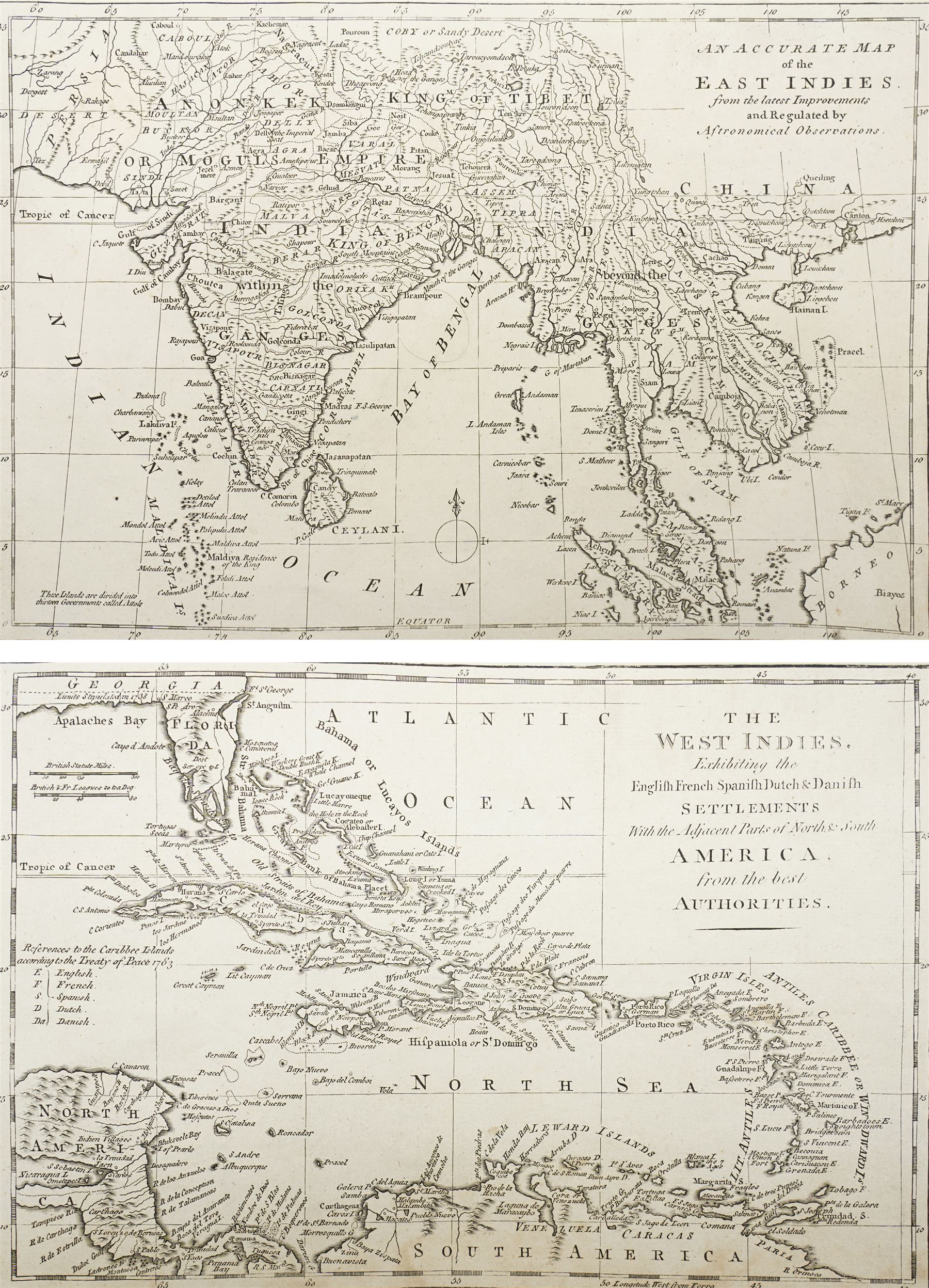 Thomas Bowen (Welsh 1733-1790): 'The West Indies exhibiting the English French Spanish and Danish Settlements' and 'An Accurate Map of the East Indies', pair 18th century engraved maps max 22cm x 31cm (2) (unframed)
Provenance: consigned by English Heritage