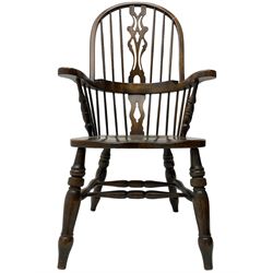 Stained beech Windsor armchair, double hoop and stick back with shaped and pieced splat back, on turned supports united by double swell-turned H stretchers