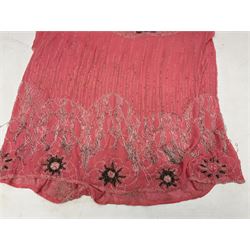 Art Deco pink flapper type beaded dress, with floral motifs and tasselled clear and black beadwork throughout