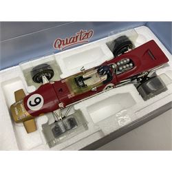Four Quartzo/A-Model 1:18 scale die-cast racing cars - Lotus 72D 'JPS' Winner British G.P. 72 Emerson Fittipaldi; Lotus 49 Winner British G.P. 67 Jim Clark; Lotus 49B U.S.A. G.P. 68 Mario Andretti; and Lotus 49B Winner Monaco G.P. 68 Graham Hill; all boxed (4)