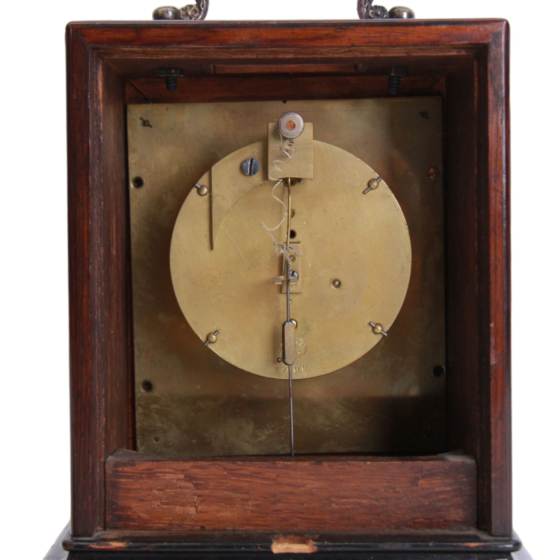 Henry Marc of Paris -  mid 19th century 8-day Pendule d'officier campaign clock in a rosewood veneered case with contrasting floral and leaf inlay and ebonised moulding, rectangular case with a brass carrying handle and sliding glass panel to the silvered sheet dial, chapter ring with Roman numerals, minute track and steel trefoil hands, with a single train timepiece movement and silk suspension. With pendulum and key. 