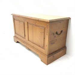 Solid pine blanket box, hinged lid, shaped plinth base, W109cm, H63cm, D46cm
