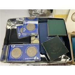 Great British and World coins, including King George VI 1951 Festival of Britain and other commemorative crowns, pennies, sixpences, florins, halfcrowns and other pre-decimal coinage, various brilliant uncirculated old round one pound coins in card folders, The Royal Mint United Kingdom 1985 silver proof one pound cased with certificate, Maria Theresa restrike silver thaler coin, pre Euro coinage etc, Bank of England Ford ten shilling notes, Page and Somerset one pound notes, Gill ten pound note 'EZ14', small number of other notes etc, in one box