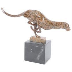 Bronze two toned figure of running cheetah, upon a rectangular marble base, signed and with foundry mark, H20cm 