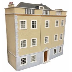 Georgian style wooden double fronted three-storey dolls house with textured rendering finish to the upper floors and parapet walls and plain pitched roof, the double hinged front opening to reveal six rooms with fitted fire-surrounds, central hall, stairs and landing with full height glazed rear door, fully decorated, electric lighting, large selection of good quality wooden furniture and comprehensive range of accessories including hallmarked 9ct gold teapot, bears plaque to the back 'Tomlinson Sweeney 1978' H96cm W104cm D38cm