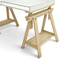 IKEA - Vika Gruvan trestle table, glass and white top raised on beech adjustable supports