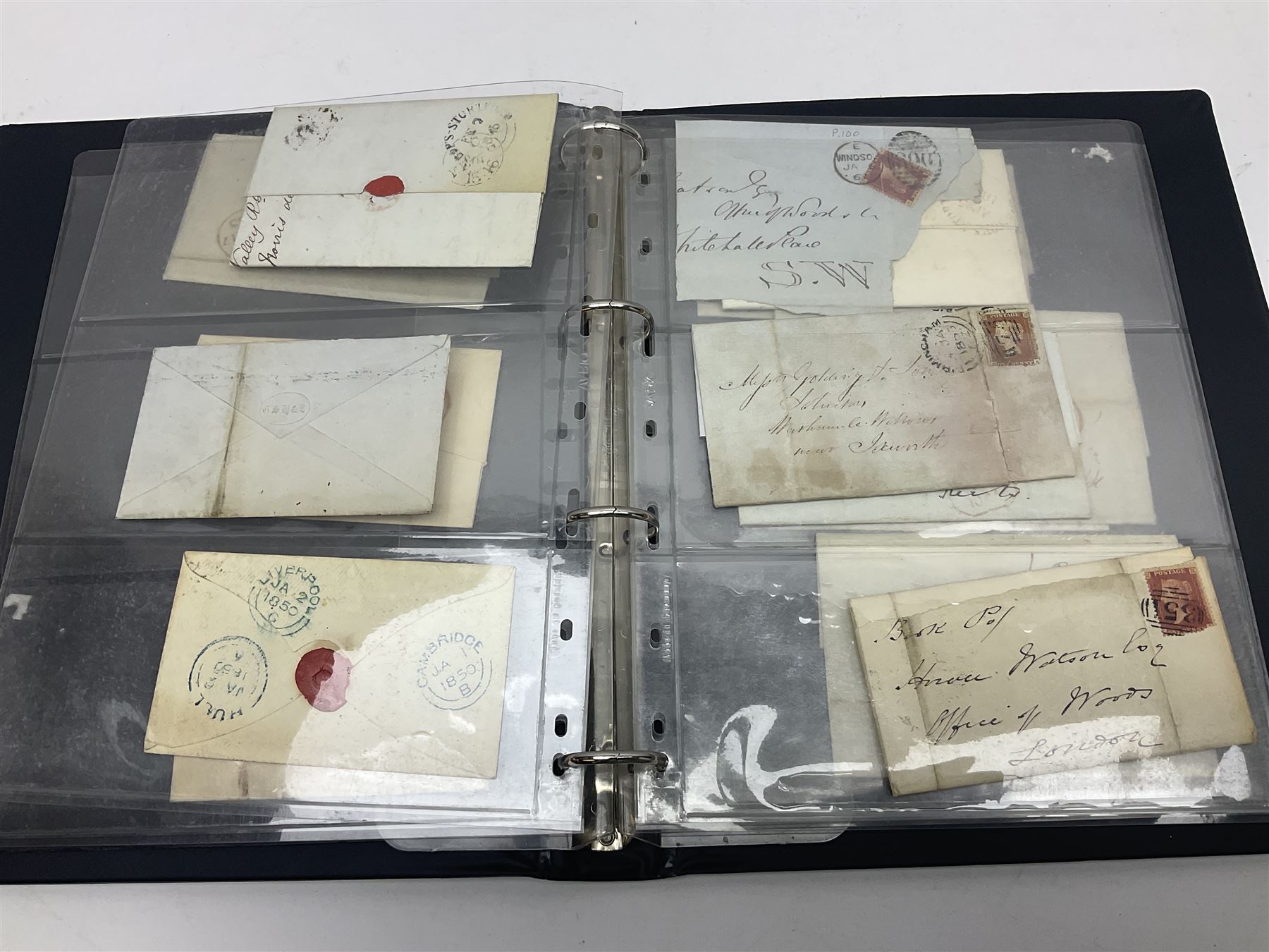 Postal history, including pre-stamp, Queen Victoria imperf penny reds on covers or entires a few with black MX cancels, 1841 two pence blue with white lines added on mourning cover, perf penny red on cover etc, housed in a ring binder folder