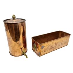 Victorian copper hot water urn, the body of plain cylindrical form with brass tap, the slightly domed lid with brass finial, together with a rectangular copper planter, with twin brass lion mask handles, urn H35cm
