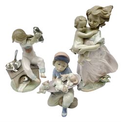 Three Lladro figures, comprising Playing Mom no 6681, Little Riders no 7623 and Pick of the Litter no 7621, all with original boxes, largest example H24cm