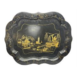 Late 19th century Chinoiserie lacquered papier mache tray decorated with floral gilt work and a traditional landscape to the centre, W78.5cm, H62cm