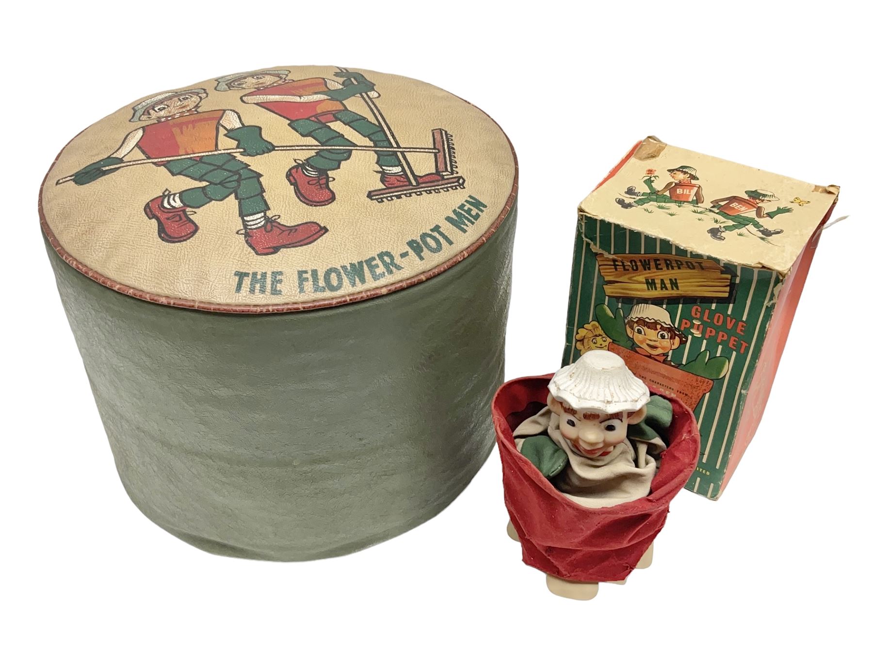 1950s/60s Palitoy 'Bill & Ben The Flower Pot Men' glove puppet; boxed; and 'The Flower Pot Men' vinyl drum shaped foot-stool/pouffe depicting Bill & Ben with sweeping brushes (2)