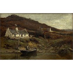 Richard Wane RBA (British 1852-1904): White Cottages with Rowing Boat on the Water's Edge, oil on canvas signed 42cm x 64cm