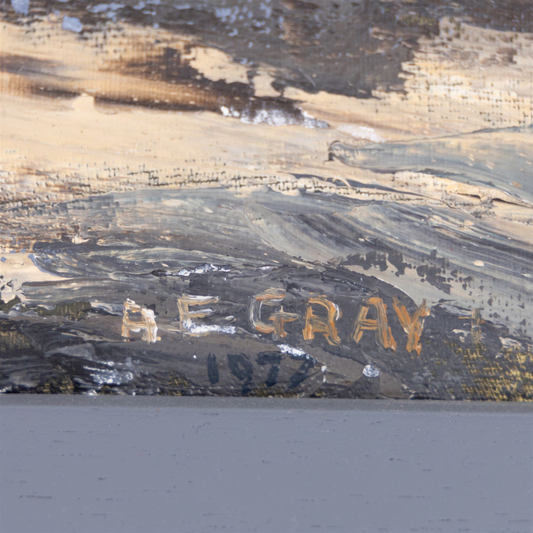 A E Gray (Mid/late 20th century): Lowtide Scarborough Harbour, oil on board signed and dated 1977, 56cm x 76cm