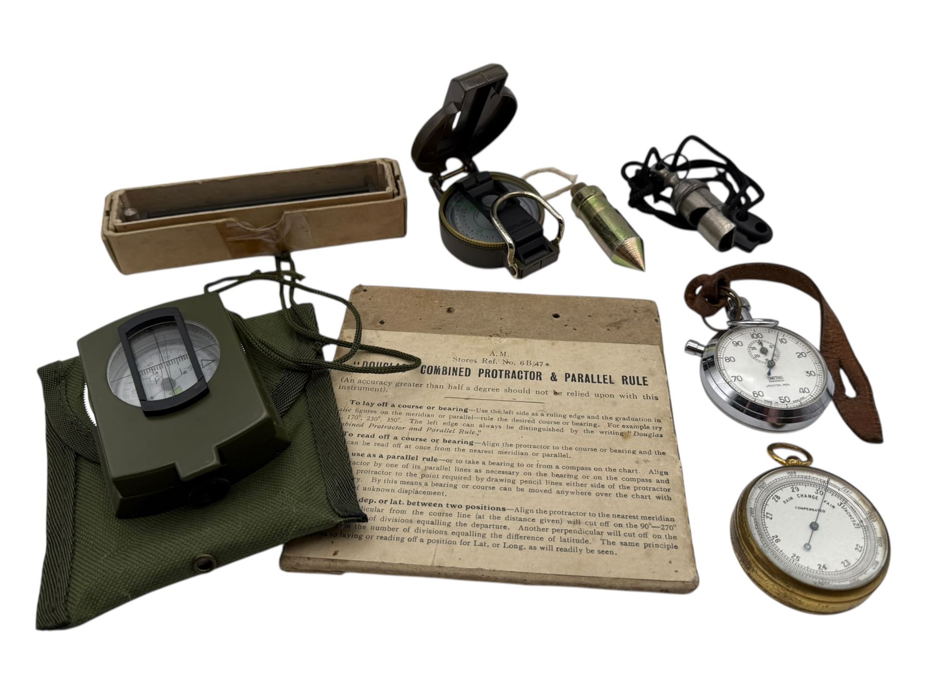 Trough compass and two other modern hand held compasses, compensated barometer, Smiths stop watch, Douglas combined protractor and parallel rule, etc