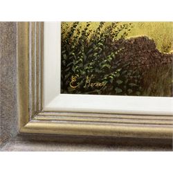 Edward Hersey (British 1948-): Chickens Feeding in Farmyard Ruins, oil on canvas signed 39cm x 59cm