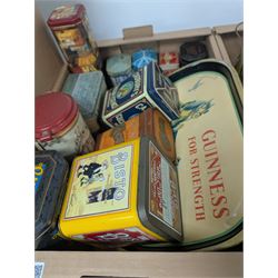 Collection of advertising tins, including Bisto and Cadburys, together with a Guinness 'For Strength' metal tray, brass measures, glass bottles, Royal Crown Derby cat paperweight, etc