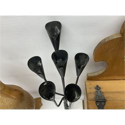 Wooden candle box, together with two barley twist candlesticks, carved duck and other collectables 