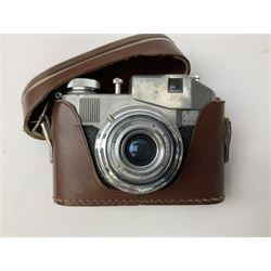 Praktica L camera body, with 'Meyer-Optik Gorlitz Domiplan 2.8/50' lens, CMS Commet II camera, Pair of Janik 8x30 binoculars in a case etc