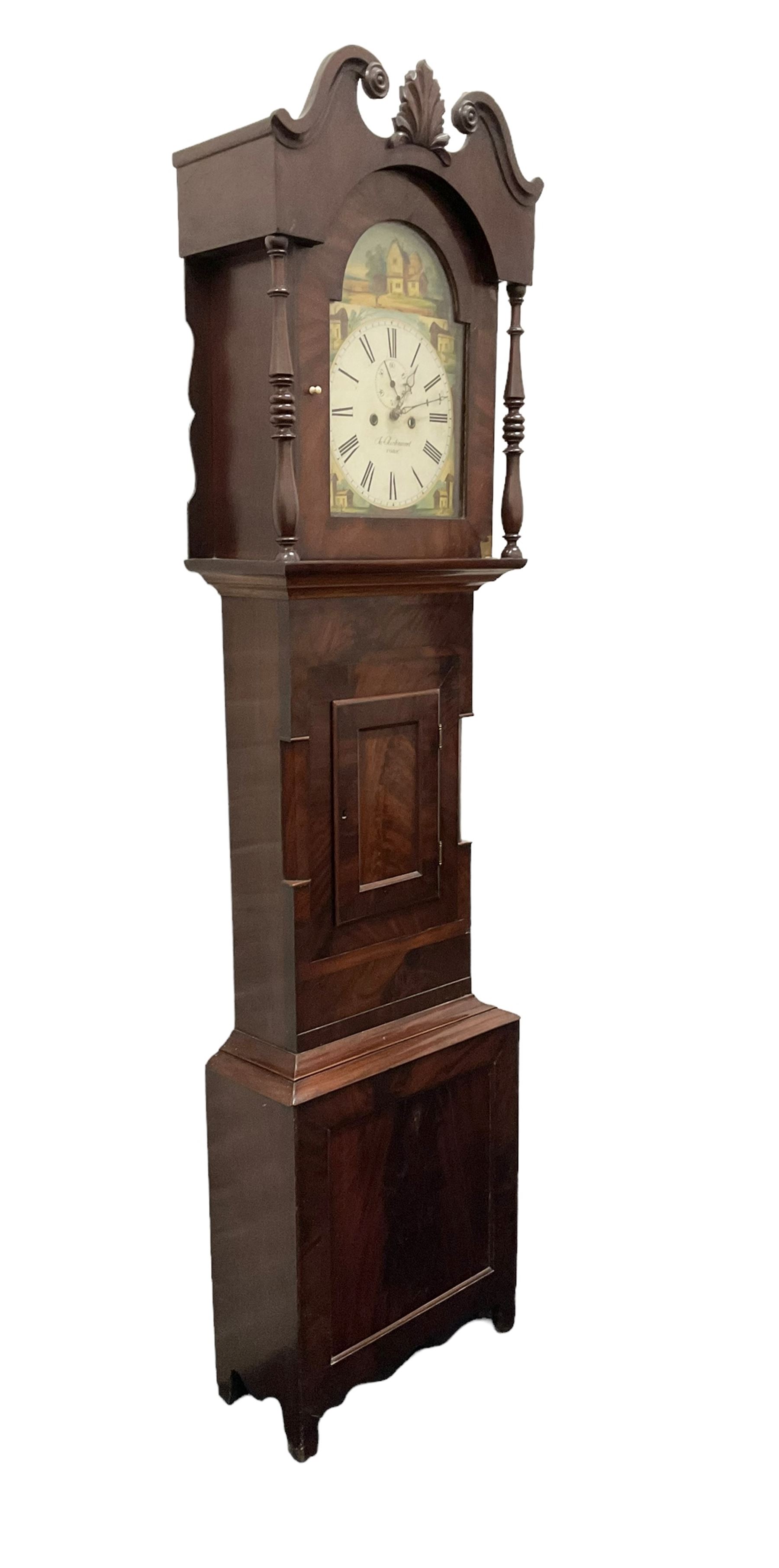 Joseph Richmond of York -  late19th century mahogany cased 30 hr longcase clock, with a swans neck pediment, break arch hood door flanked by ring turned pilasters, broad trunk with part-length recessed pillars and a short trunk door on a broad plinth with a recessed panel, fully painted dial with depictions of country cottages to the spandrels and break arch, with Roman numerals and minute track, stamped brass hands, dummy winding arbors and dummy seconds hand, dial pinned directly to a chain driven count wheel striking movement, striking the hours on a bell. With pendulum and weight.
Joseph Richmond of Fossgate was a respected clockmaker in 19th century York, maintaining the clocks in York Minster and other civic buildings in York.