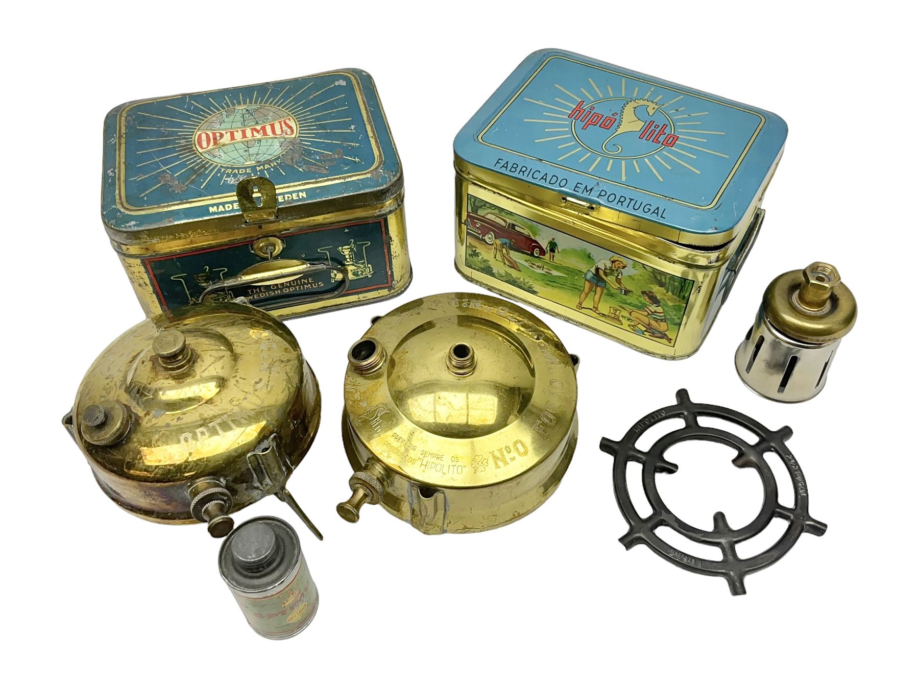 Brass Fogoa Hipolito camping stove burner, in original box together with a similar Optimus example