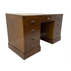 Vintage mahogany twin pedestal desk, fitted with eight drawers, inset top