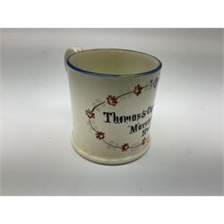 Early Victorian marriage mug for Thomas and Caroline Parkinson dated 11th Sept. 1845 Hull H8cm, similar christening mug for their daughter Hannah Matilda, blue/white transfer printed pot lid with base for Francis Earle, Pharmaceutical Chemist, 22 Market Place, Hull with central study of Holy Trinity Church and clay pipe, the bowl as man's head (4)  