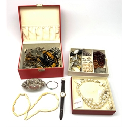 Collection of vintage and later costume jewellery and watches including amber type bead necklaces, pearl necklaces, silver stone set rings, Raymond Weil wristwatches and Swarovski bangles, silver scent spray, Victorian brass trivet, and copper mould 