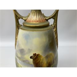 Early 20th century Royal Worcester vase decorated by Harry Davis, of ovoid form with twin acanthus mounted handles and waisted high neck supporting a domed cover, upon a circular foot, the body hand painted with sheep in a highland landscape, signed H Davis, with puce printed marks beneath including shape number 2425, and date code for 1907, H27.5cm