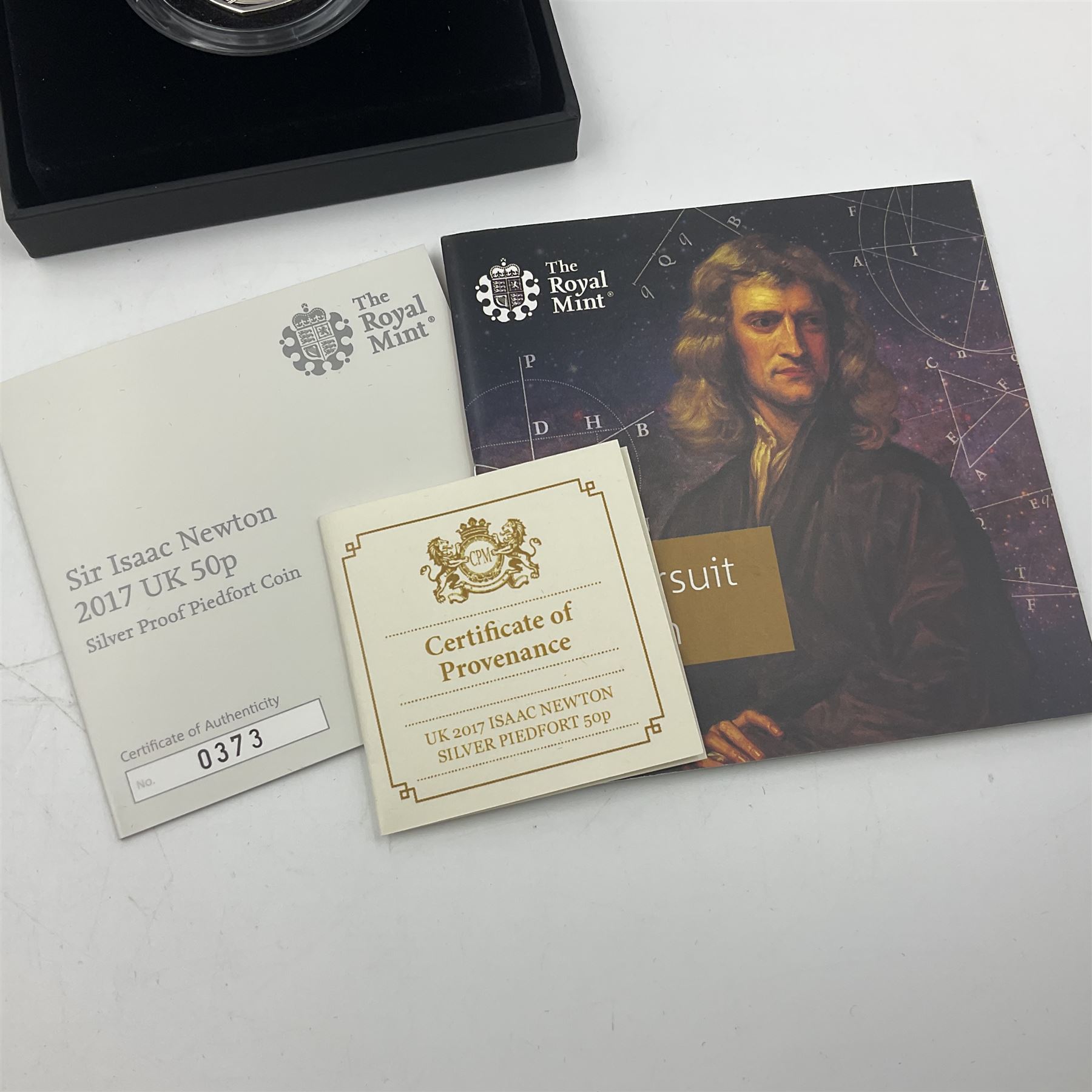 Three The Royal Mint United Kingdom silver proof piedfort fifty pence coins, comprising 2017 'Sir Isaac Newton', 2019 'A Celebration of Sherlock Holmes' and 'Celebrating the Life of Stephen Hawking', all cased with certificates 