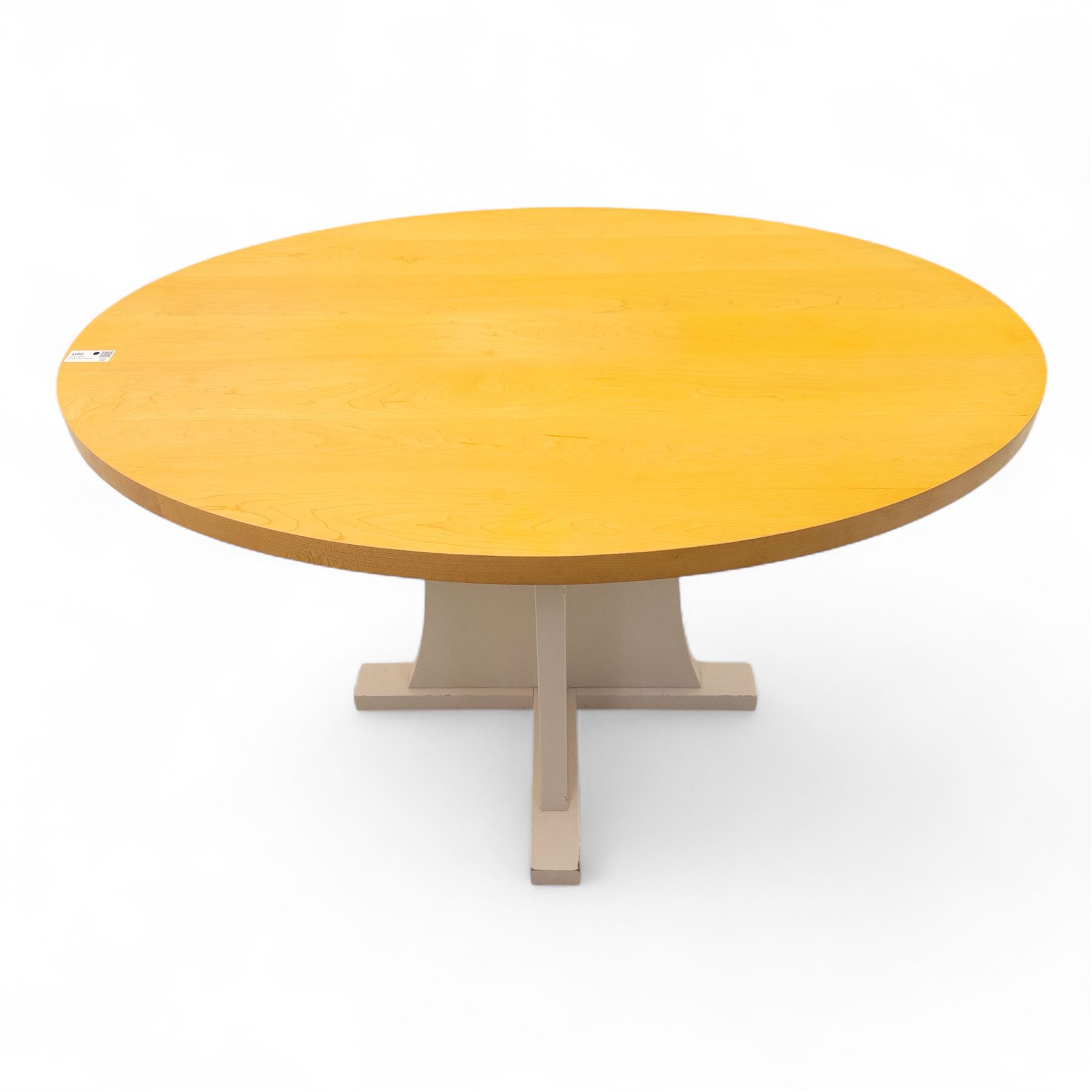 Individual craftsman made maple kitchen dining suite, oval top dining table and contrasting painted pedestal base, together with four adjustable stools with maple top and tubular steel supports (H 48-80cm, W 31cm)