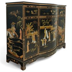 Late 20th century Chinese black lacquered sideboard, serpentine front fitted with three baize-lined drawers over four panelled cupboard doors, decorated throughout with gilt and polychrome figural and landscape scenes, on shaped apron and bracket feet 