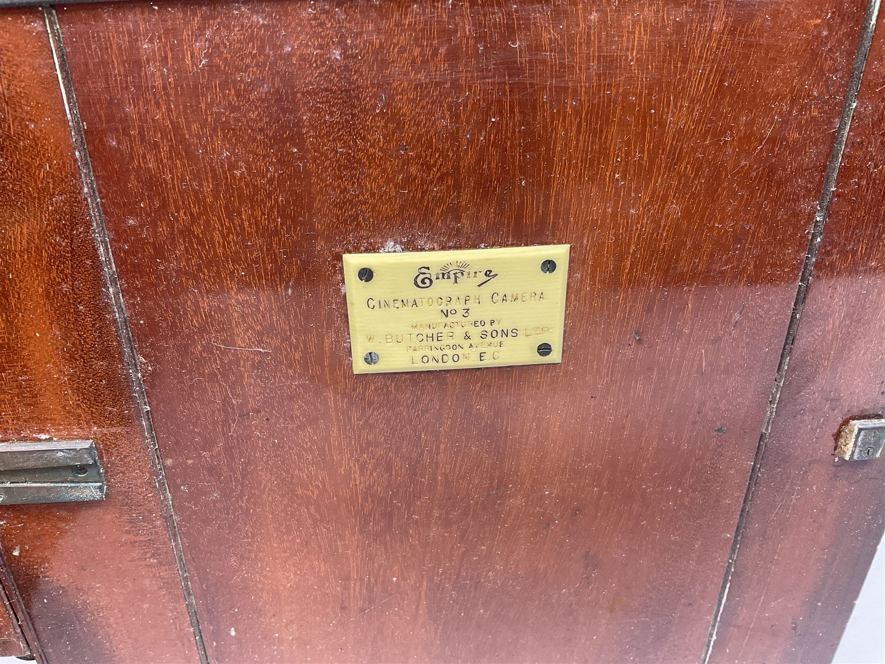 19th Century 'Empire cinematograph camera No.3, Manufactured by W.Butcher & Sons ltd'  in a wooden box with hinged handle 