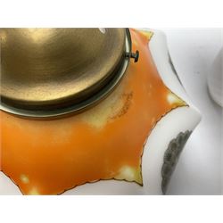 Milk glass lampshade decorated with peacocks, together with a Tiffany style lampshade, a set of five white frilled lamps shades etc 