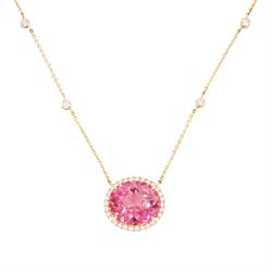 18ct rose gold pink tourmaline and diamond pendant necklace, oval cut tourmaline of 15.41 ...