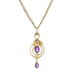 Edwardian rose gold amethyst pendant by Murrle Bennett, on gold chain, both stamped 9ct
