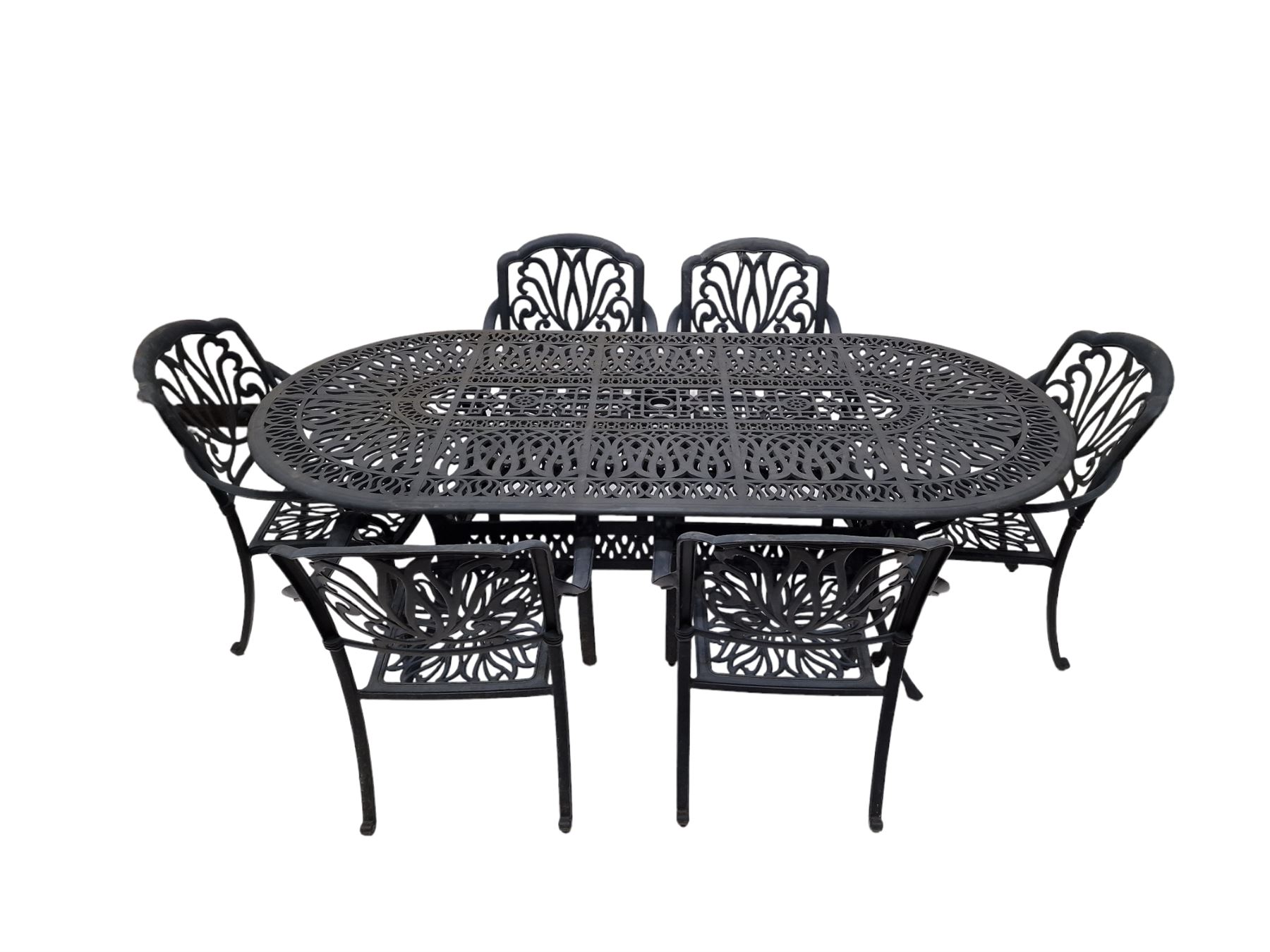 Victorian design painted aluminium oval garden table and six chairs - THIS LOT IS TO BE COLLECTED BY APPOINTMENT FROM DUGGLEBY STORAGE, GREAT HILL, EASTFIELD, SCARBOROUGH, YO11 3TX